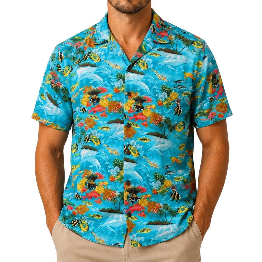 Aloha Republic Mens XL Hawaiian Shirt Blue Tropical Fish Reef Dolphin Cotton USA